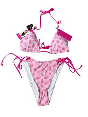 Betsey Johnson L Pink lip print Bikini 2 Pc Set New